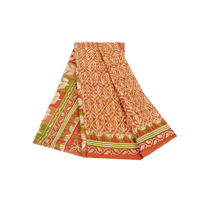 Sanskriti Vintage Sarees Saffron 100%Pure Cotton Floral Printed 5+YD Indian Sari