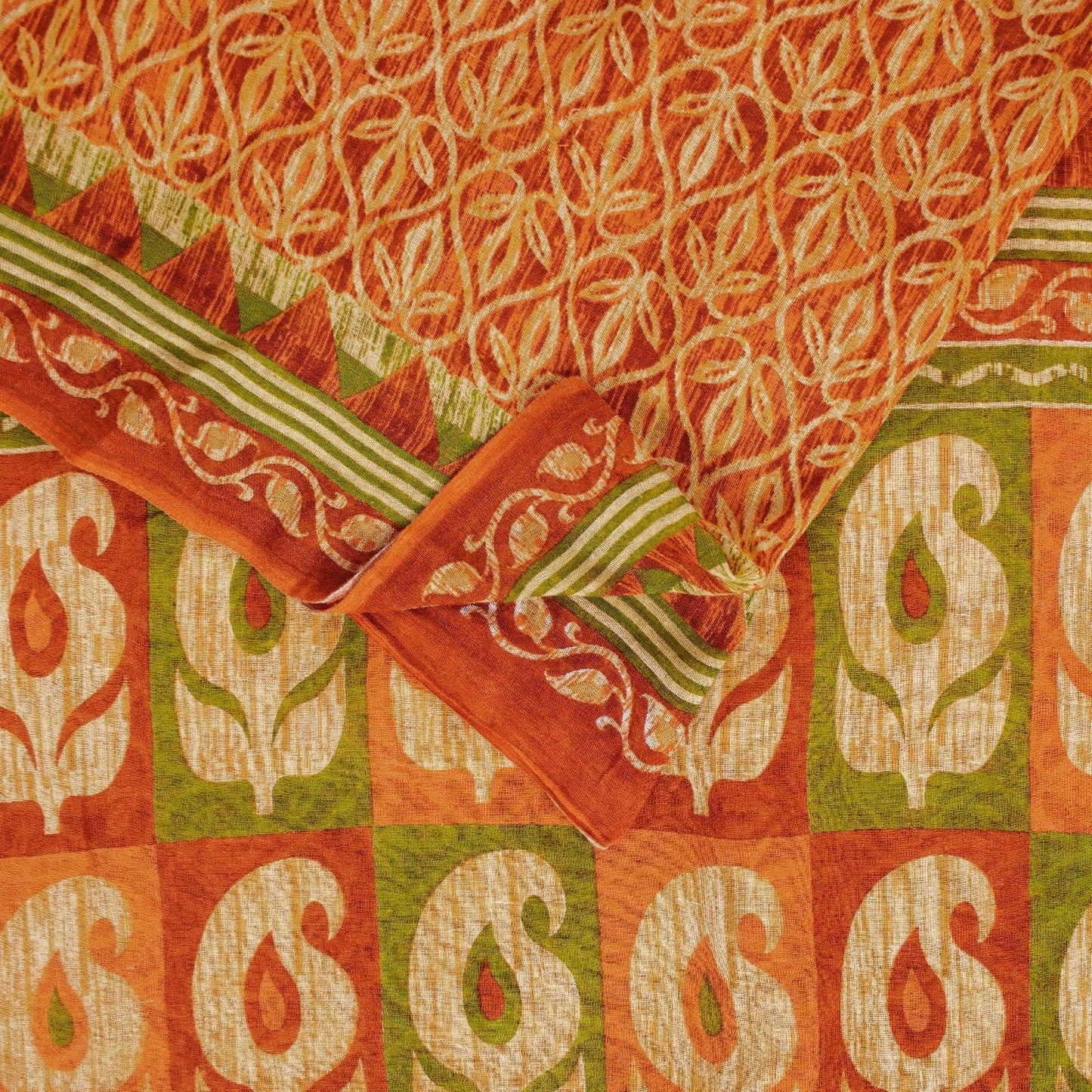 Sanskriti Vintage Sarees Saffron 100%Pure Cotton Floral Printed 5+YD Indian Sari