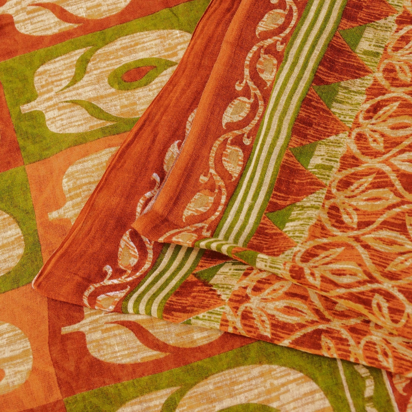 Sanskriti Vintage Sarees Saffron 100%Pure Cotton Floral Printed 5+YD Indian Sari