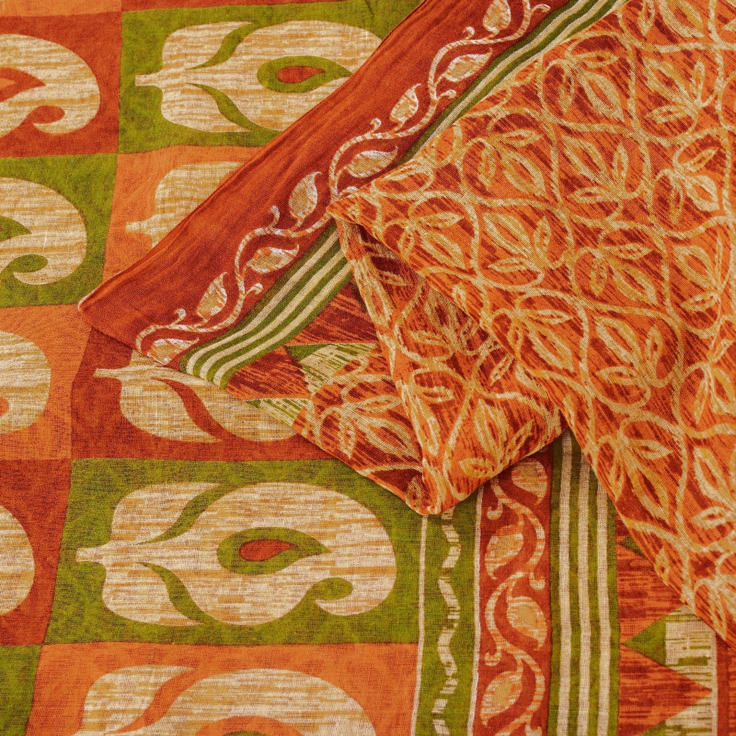 Sanskriti Vintage Sarees Saffron 100%Pure Cotton Floral Printed 5+YD Indian Sari