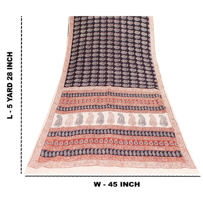 Sanskriti Vintage Sarees Brown 100%Pure Cotton Hand Block Print Floral 5+YD Sari