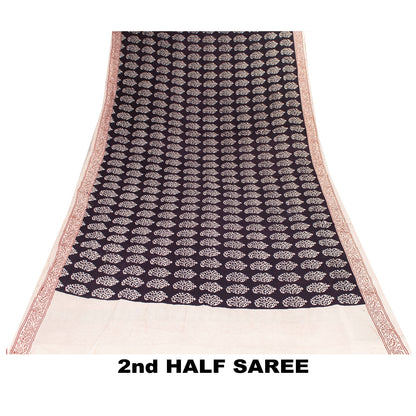 Sanskriti Vintage Sarees Brown 100%Pure Cotton Hand Block Print Floral 5+YD Sari