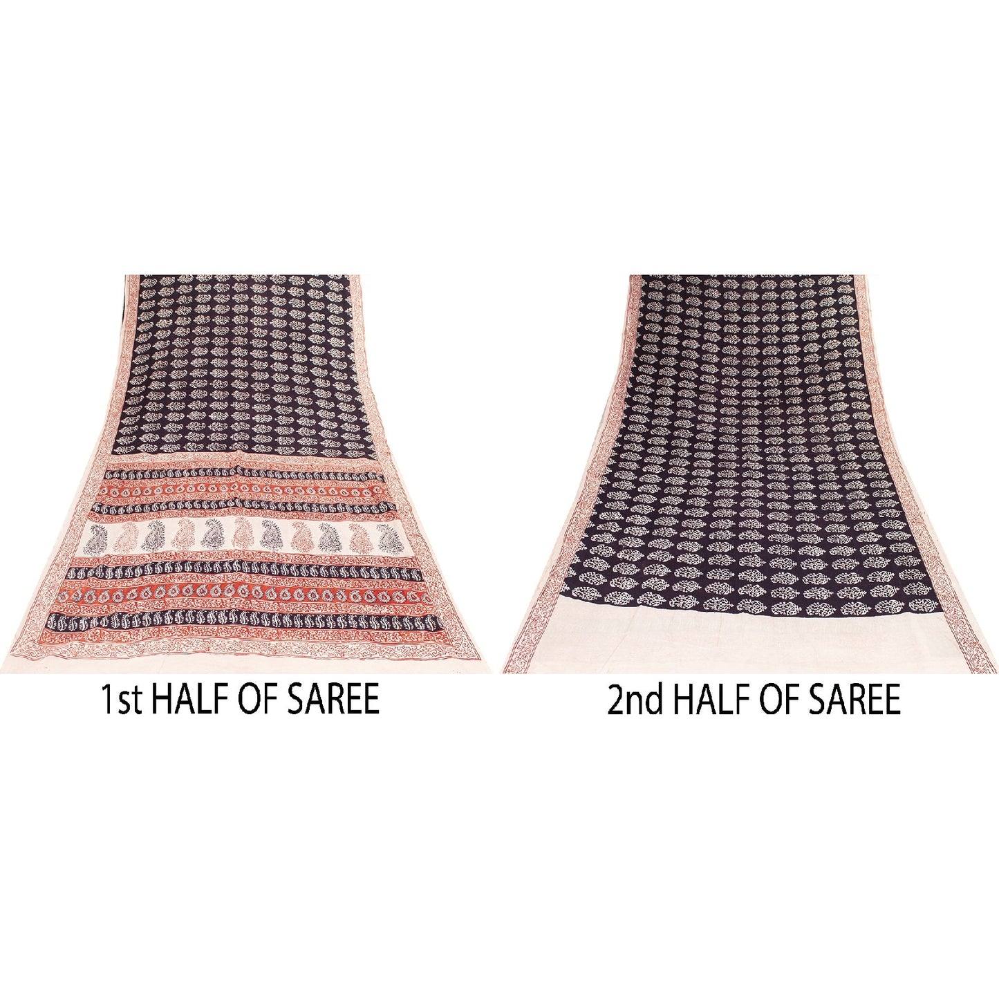 Sanskriti Vintage Sarees Brown 100%Pure Cotton Hand Block Print Floral 5+YD Sari