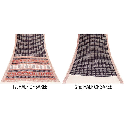 Sanskriti Vintage Sarees Brown 100%Pure Cotton Hand Block Print Floral 5+YD Sari