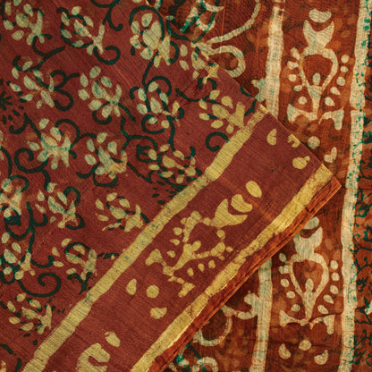 Sanskriti Vintage Sarees Brown 100%Pure Cotton Hand Block Print Floral 5+YD Sari