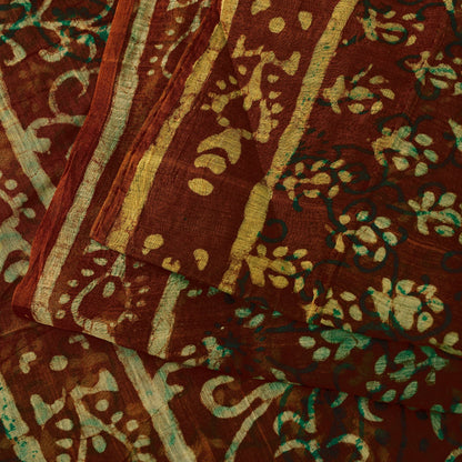Sanskriti Vintage Sarees Brown 100%Pure Cotton Hand Block Print Floral 5+YD Sari