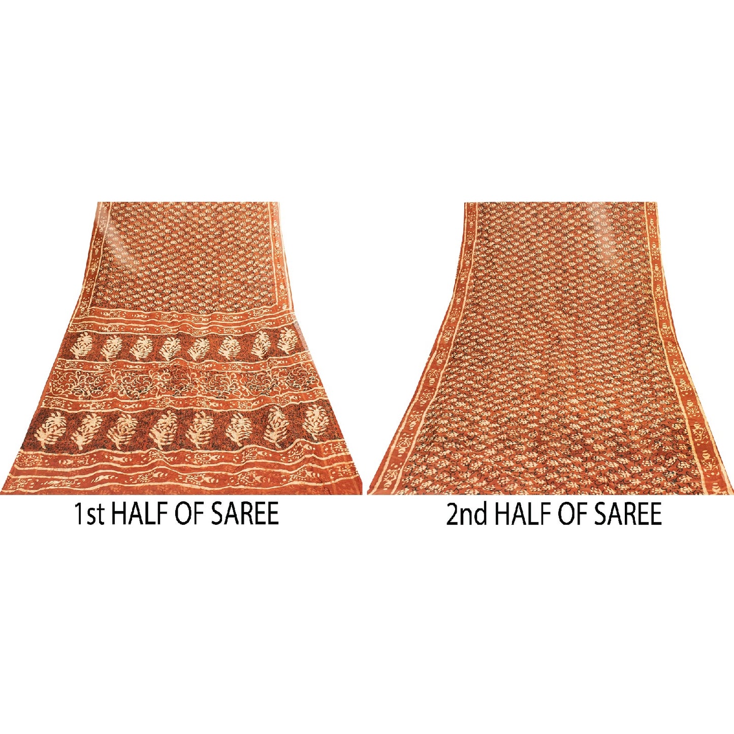 Sanskriti Vintage Sarees Brown 100%Pure Cotton Hand Block Print Floral 5+YD Sari