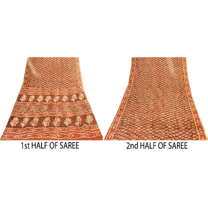 Sanskriti Vintage Sarees Brown 100%Pure Cotton Hand Block Print Floral 5+YD Sari