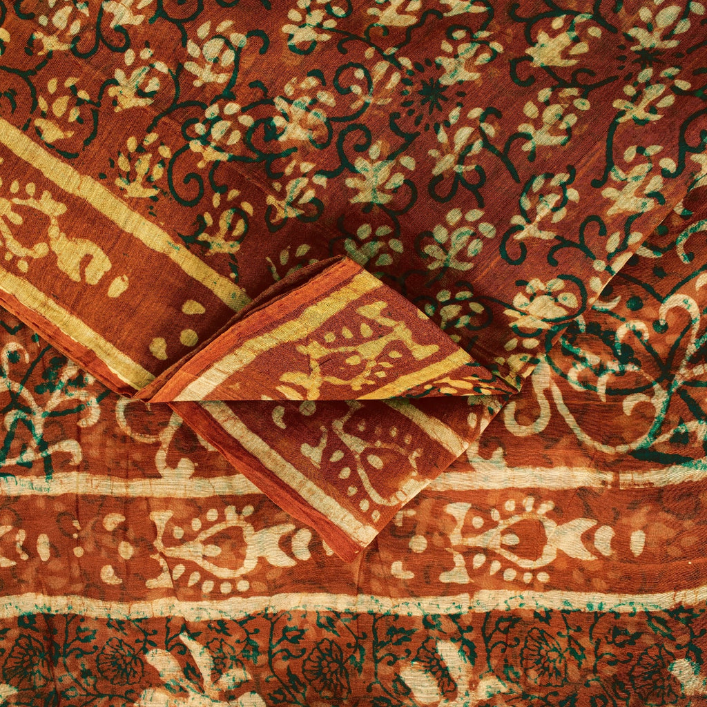Sanskriti Vintage Sarees Brown 100%Pure Cotton Hand Block Print Floral 5+YD Sari