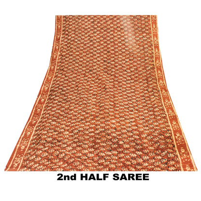 Sanskriti Vintage Sarees Brown 100%Pure Cotton Hand Block Print Floral 5+YD Sari