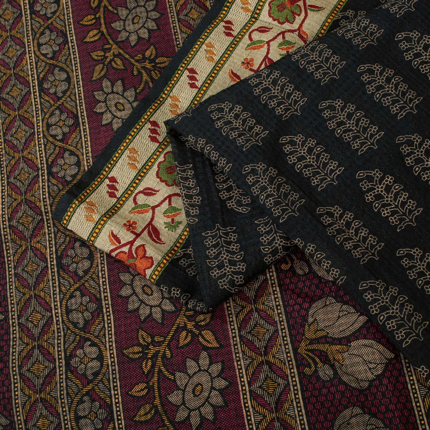 Sanskriti Vintage Sarees Black Pure Cotton Hand Block Print & Woven 5+YD Sari