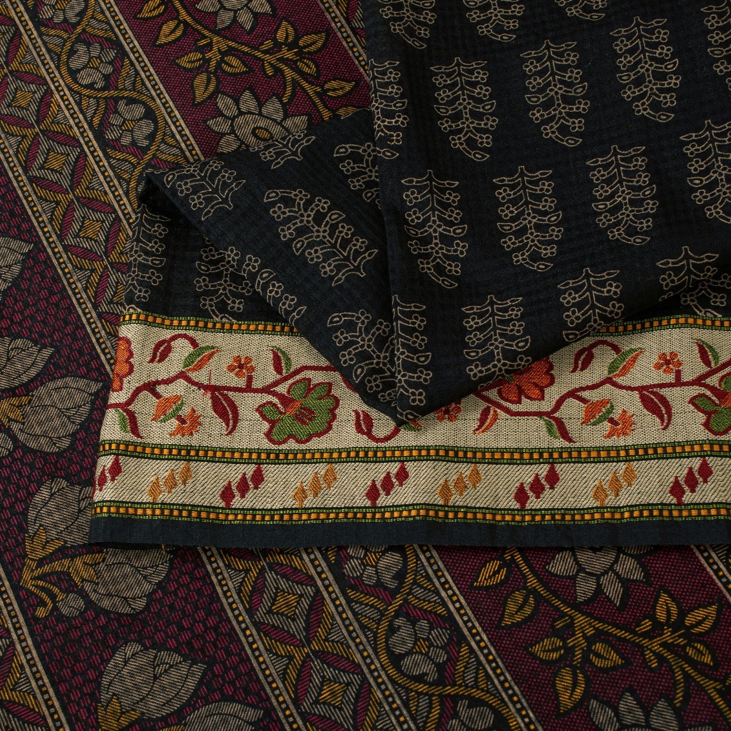 Sanskriti Vintage Sarees Black Pure Cotton Hand Block Print & Woven 5+YD Sari