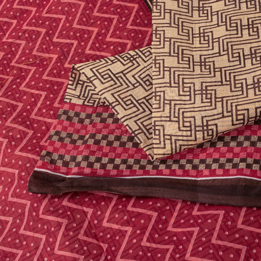 Sanskriti Vintage Sarees Brown Pure Cotton Geometric Print 5+YD Sustainable Sari