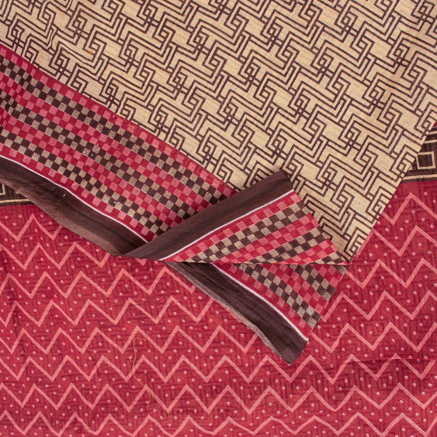 Sanskriti Vintage Sarees Brown Pure Cotton Geometric Print 5+YD Sustainable Sari