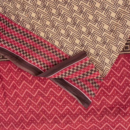 Sanskriti Vintage Sarees Brown Pure Cotton Geometric Print 5+YD Sustainable Sari