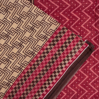 Sanskriti Vintage Sarees Brown Pure Cotton Geometric Print 5+YD Sustainable Sari