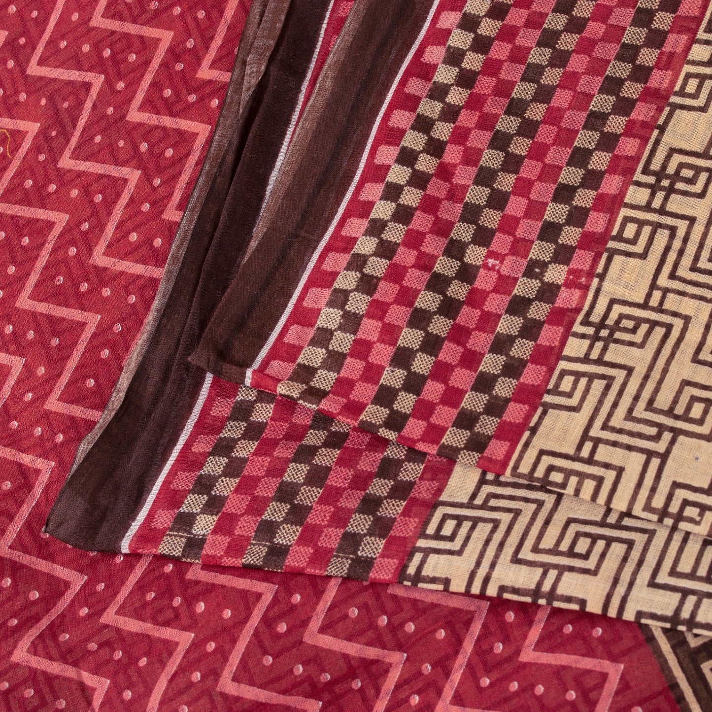 Sanskriti Vintage Sarees Brown Pure Cotton Geometric Print 5+YD Sustainable Sari