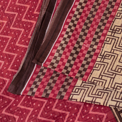 Sanskriti Vintage Sarees Brown Pure Cotton Geometric Print 5+YD Sustainable Sari