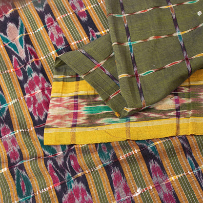 Sanskriti Vintage Sarees GreenIkat Handwoven Odisha Pure Cotton Sari 5+yd Fabric