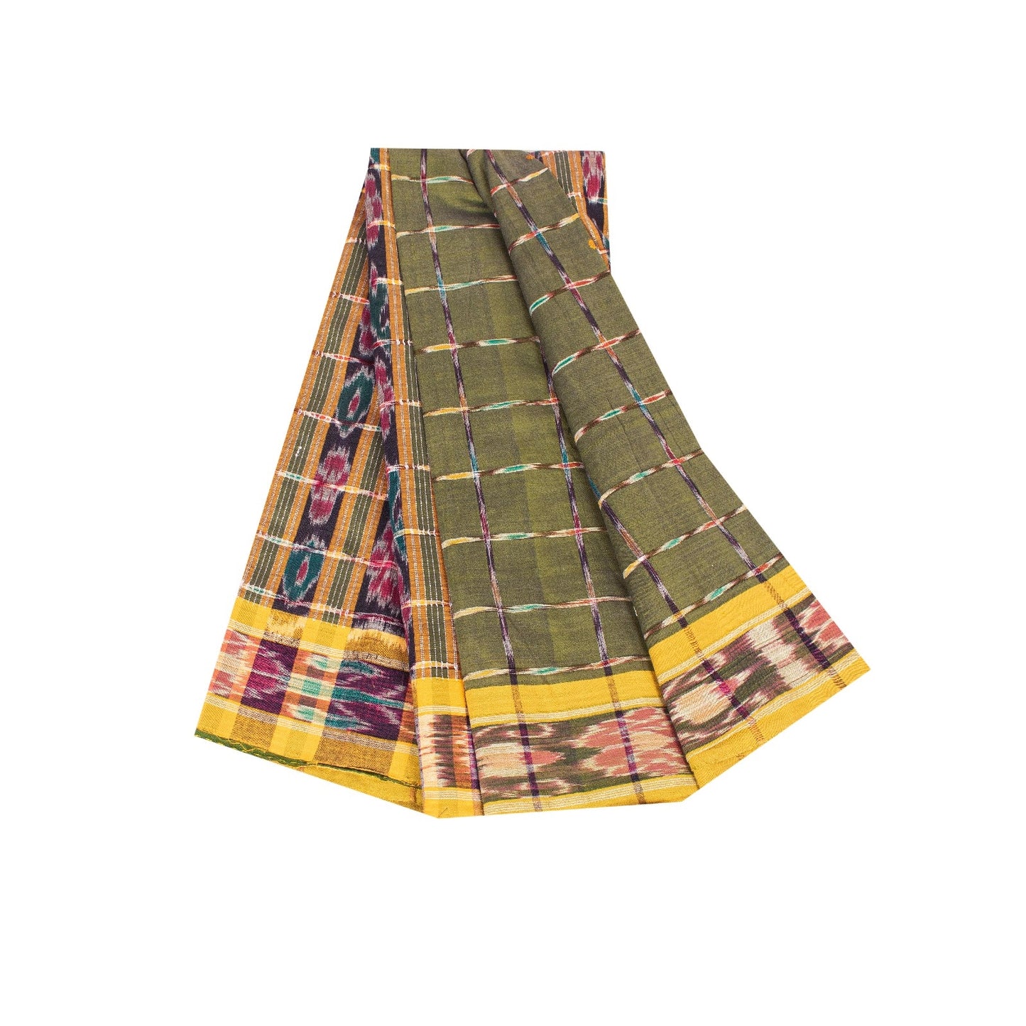 Sanskriti Vintage Sarees GreenIkat Handwoven Odisha Pure Cotton Sari 5+yd Fabric