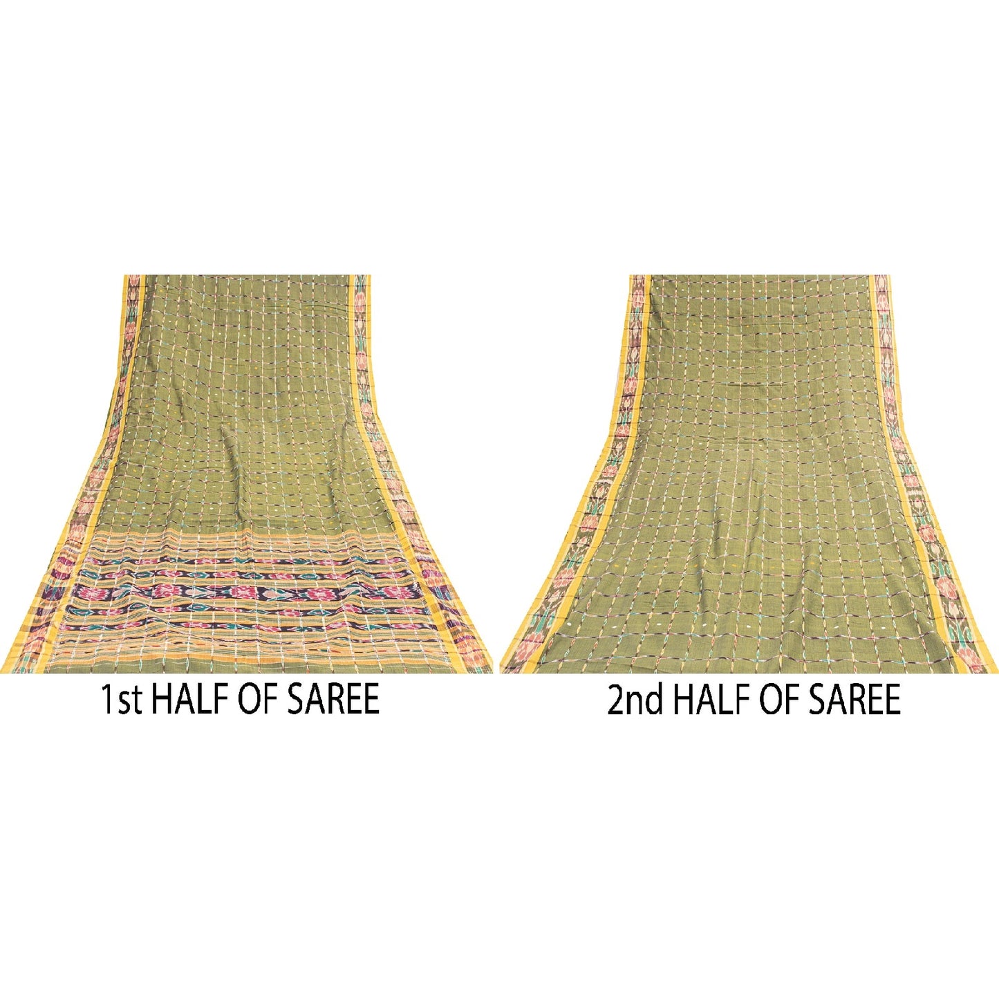 Sanskriti Vintage Sarees GreenIkat Handwoven Odisha Pure Cotton Sari 5+yd Fabric