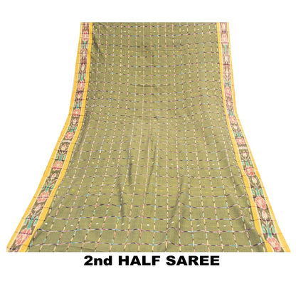 Sanskriti Vintage Sarees GreenIkat Handwoven Odisha Pure Cotton Sari 5+yd Fabric