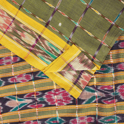 Sanskriti Vintage Sarees GreenIkat Handwoven Odisha Pure Cotton Sari 5+yd Fabric