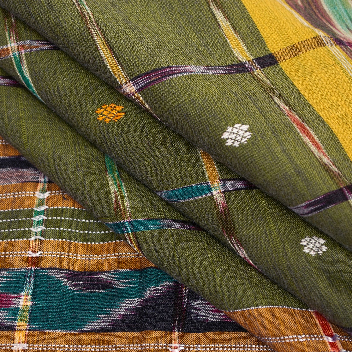 Sanskriti Vintage Sarees GreenIkat Handwoven Odisha Pure Cotton Sari 5+yd Fabric