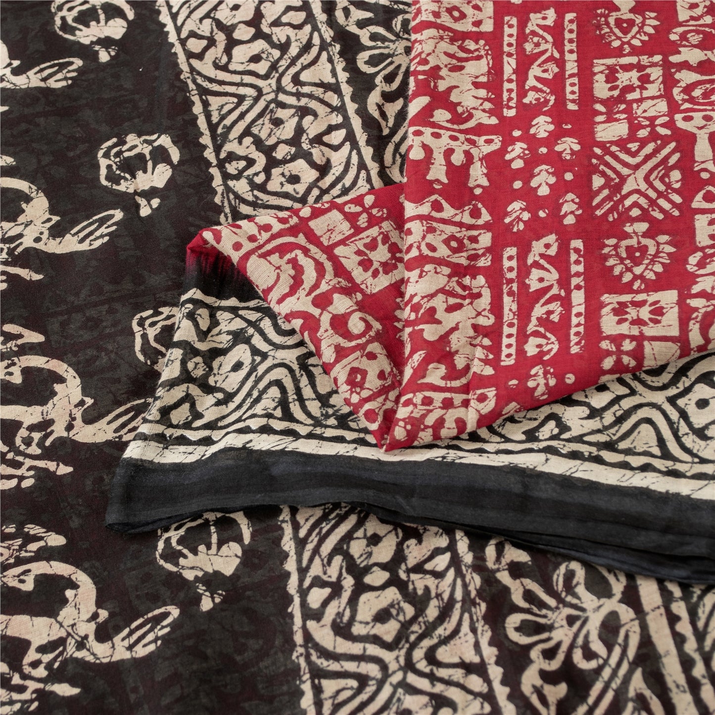 Sanskriti Vintage Sarees Red & Black Pure Cotton Batik Print Sari 5+yd Fabric