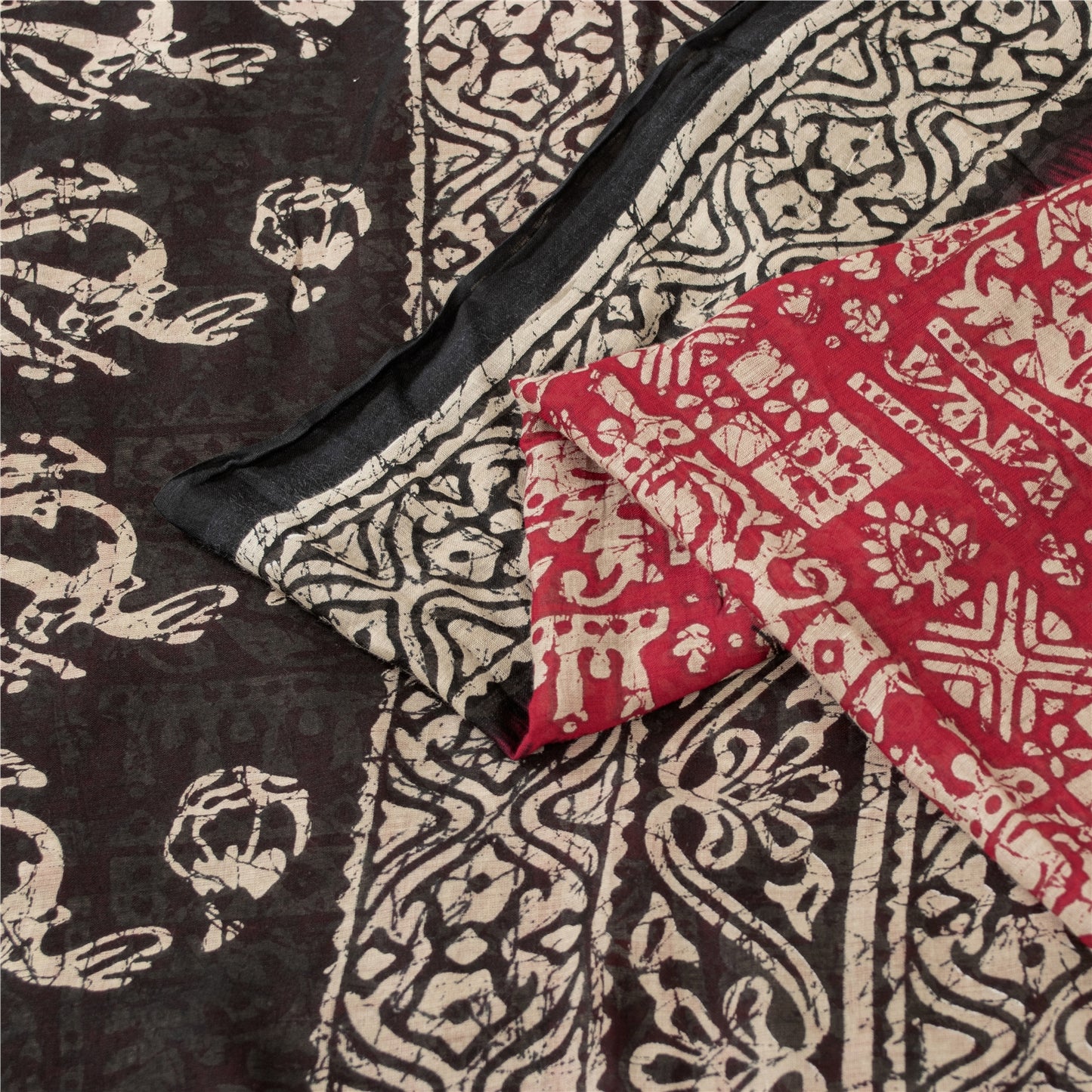 Sanskriti Vintage Sarees Red & Black Pure Cotton Batik Print Sari 5+yd Fabric