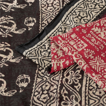 Sanskriti Vintage Sarees Red & Black Pure Cotton Batik Print Sari 5+yd Fabric