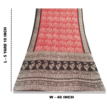 Sanskriti Vintage Sarees Red & Black Pure Cotton Batik Print Sari 5+yd Fabric