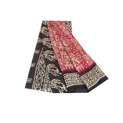 Sanskriti Vintage Sarees Red & Black Pure Cotton Batik Print Sari 5+yd Fabric