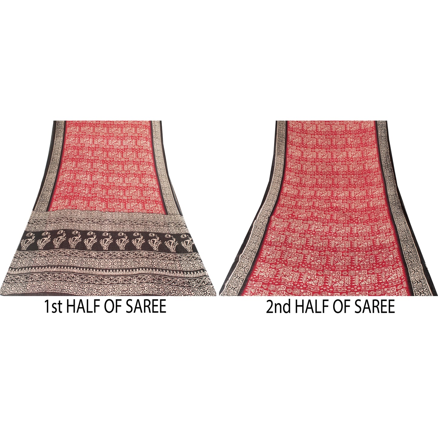 Sanskriti Vintage Sarees Red & Black Pure Cotton Batik Print Sari 5+yd Fabric