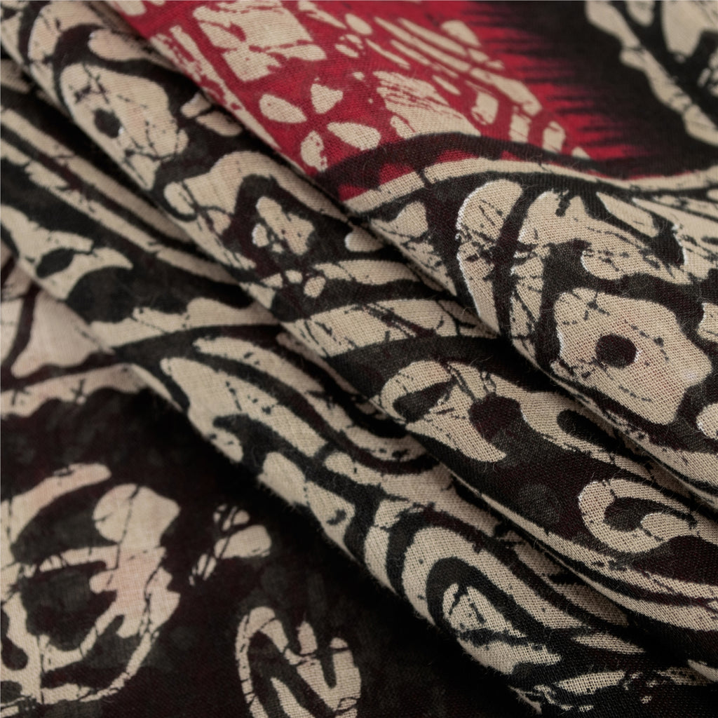 Sanskriti Vintage Sarees Red & Black Pure Cotton Batik Print Sari 5+yd Fabric