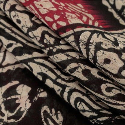Sanskriti Vintage Sarees Red & Black Pure Cotton Batik Print Sari 5+yd Fabric