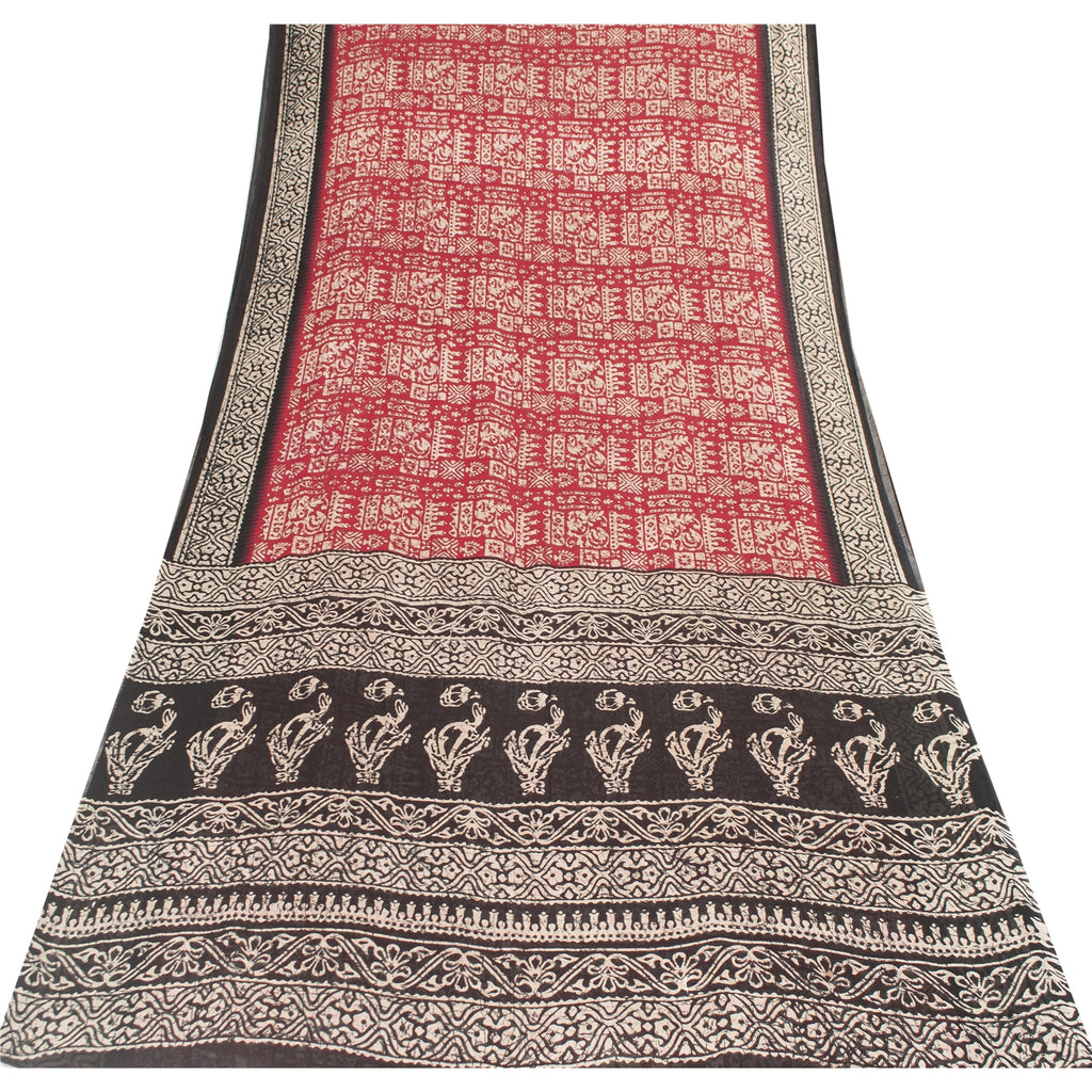Sanskriti Vintage Sarees Red & Black Pure Cotton Batik Print Sari 5+yd Fabric