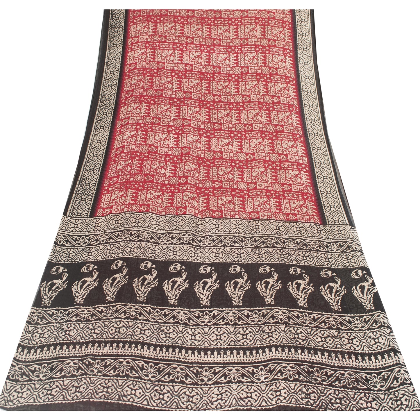 Sanskriti Vintage Sarees Red & Black Pure Cotton Batik Print Sari 5+yd Fabric