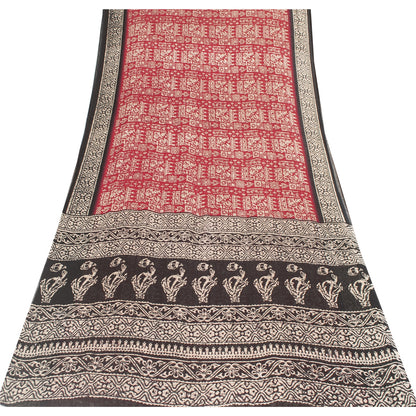 Sanskriti Vintage Sarees Red & Black Pure Cotton Batik Print Sari 5+yd Fabric