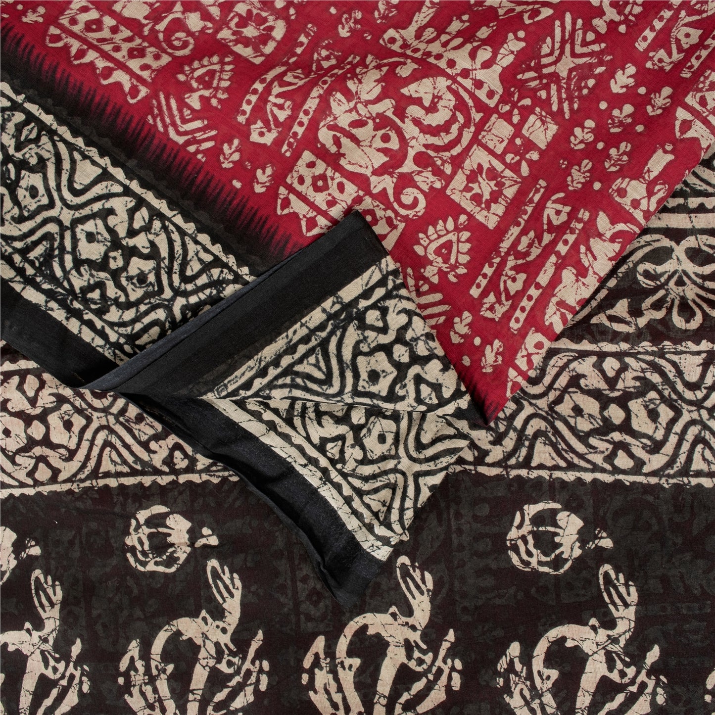 Sanskriti Vintage Sarees Red & Black Pure Cotton Batik Print Sari 5+yd Fabric