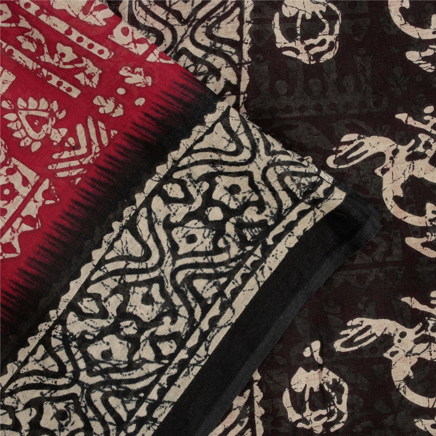 Sanskriti Vintage Sarees Red & Black Pure Cotton Batik Print Sari 5+yd Fabric