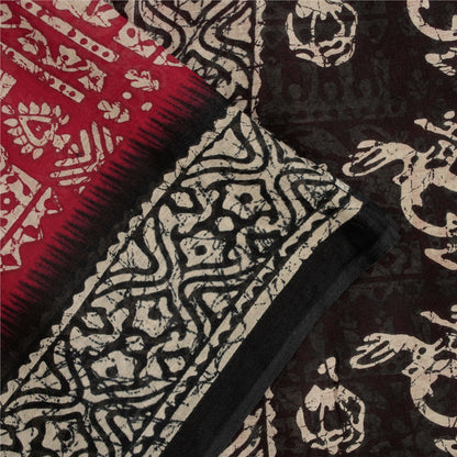Sanskriti Vintage Sarees Red & Black Pure Cotton Batik Print Sari 5+yd Fabric