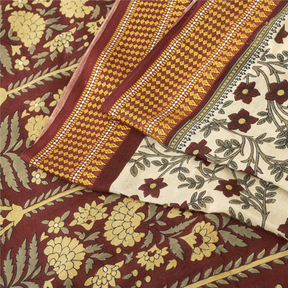 Sanskriti Vintage Sarees Ivory Pure Cotton Floral Printed Sari 5+yd Craft Fabric