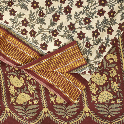 Sanskriti Vintage Sarees Ivory Pure Cotton Floral Printed Sari 5+yd Craft Fabric