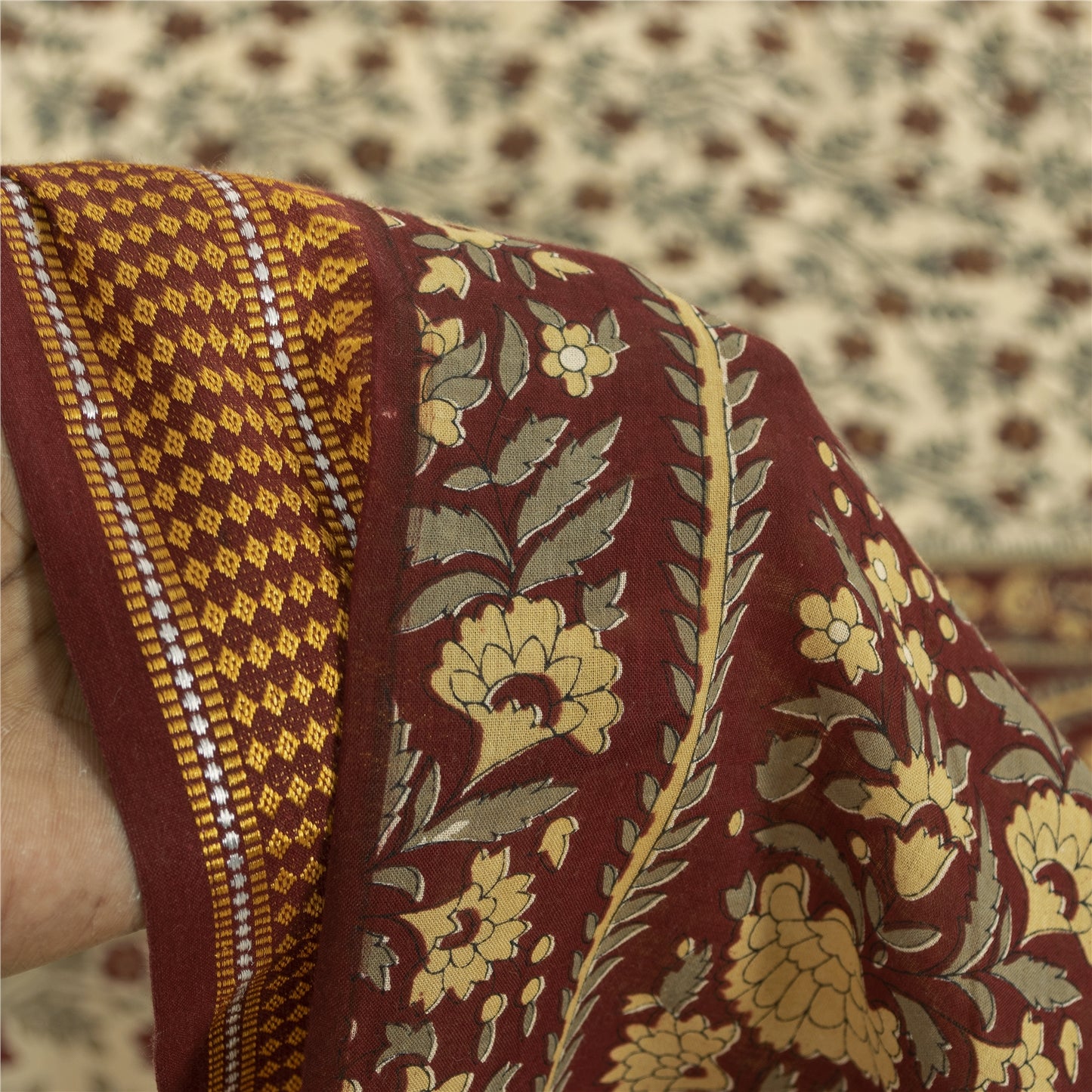 Sanskriti Vintage Sarees Ivory Pure Cotton Floral Printed Sari 5+yd Craft Fabric