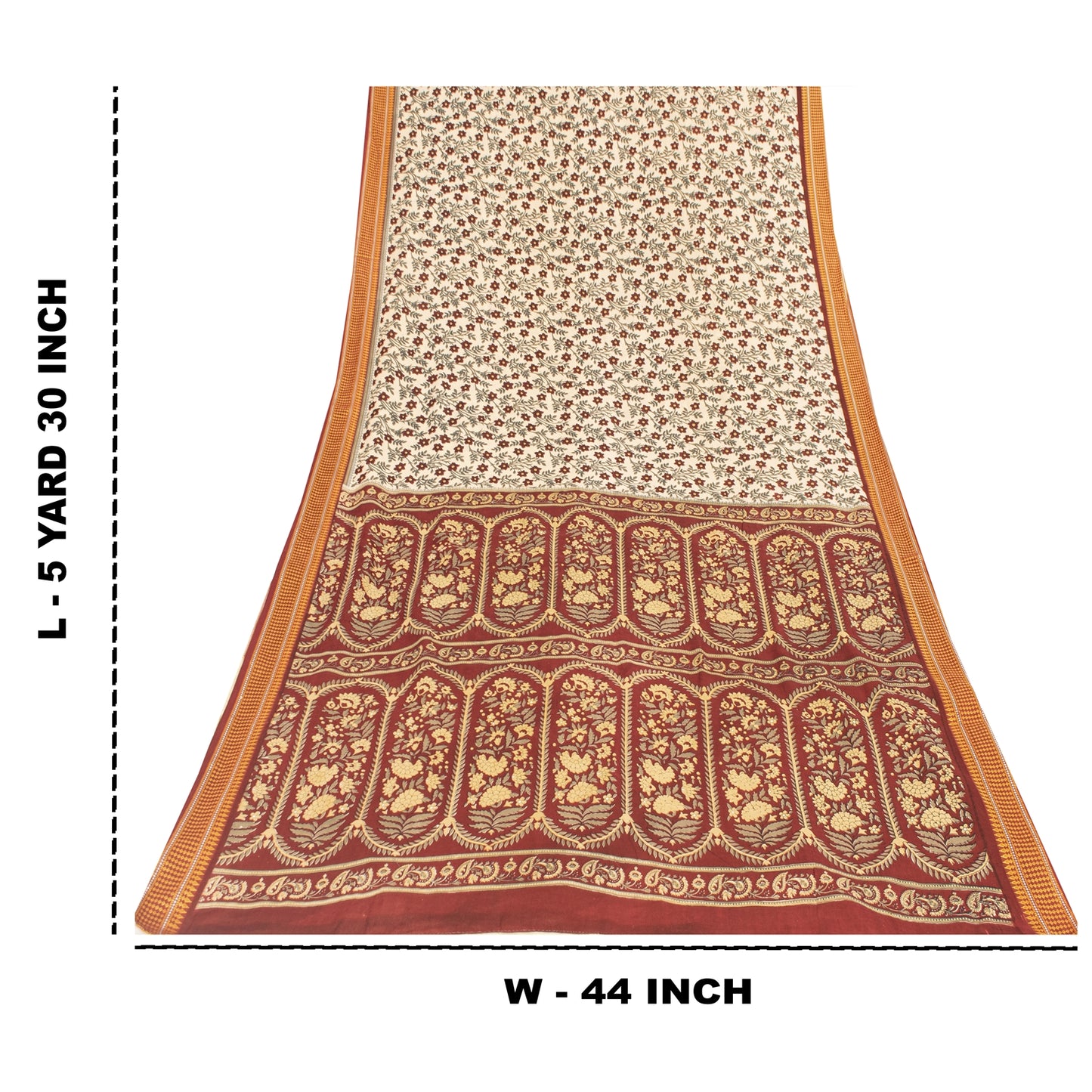 Sanskriti Vintage Sarees Ivory Pure Cotton Floral Printed Sari 5+yd Craft Fabric