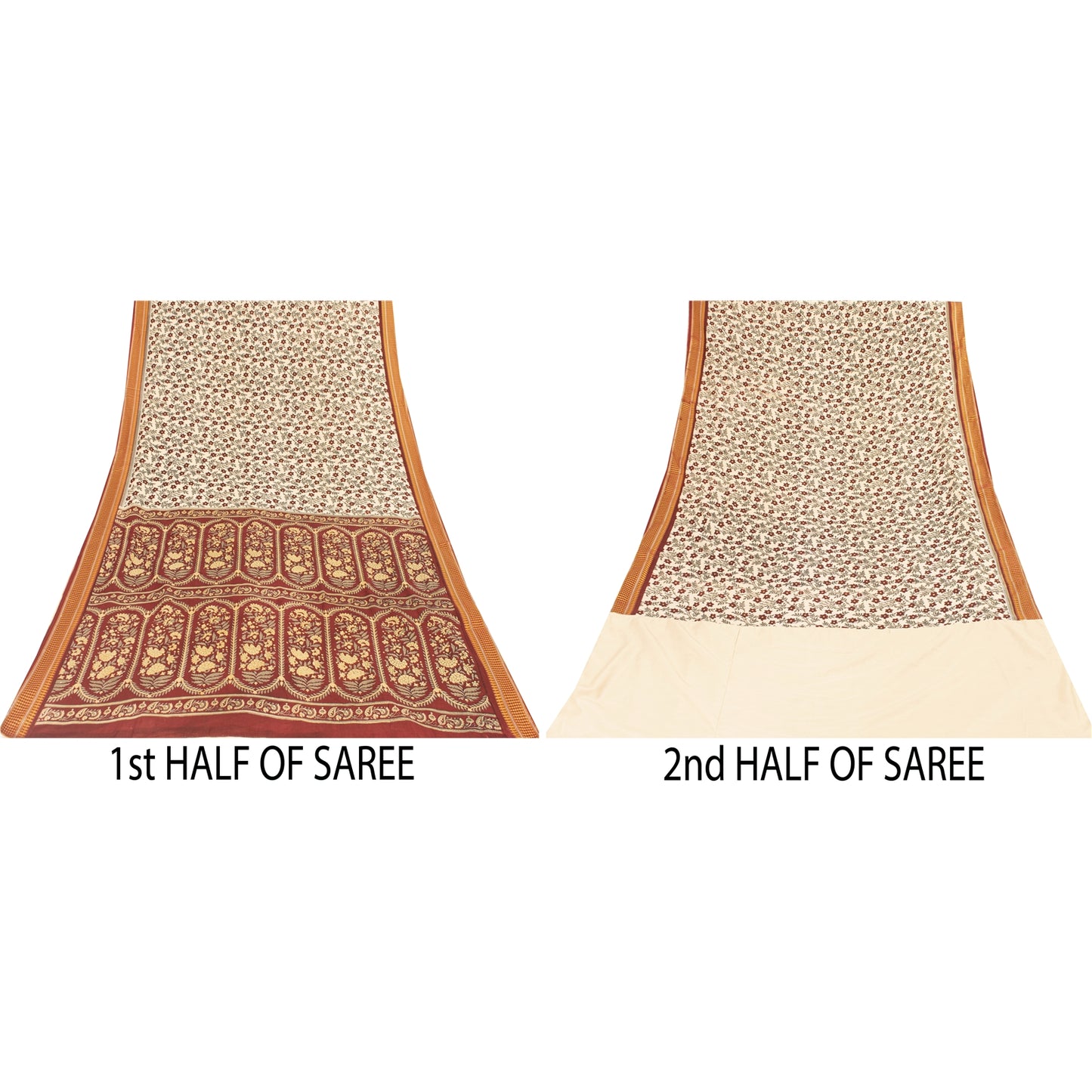 Sanskriti Vintage Sarees Ivory Pure Cotton Floral Printed Sari 5+yd Craft Fabric