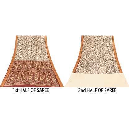 Sanskriti Vintage Sarees Ivory Pure Cotton Floral Printed Sari 5+yd Craft Fabric