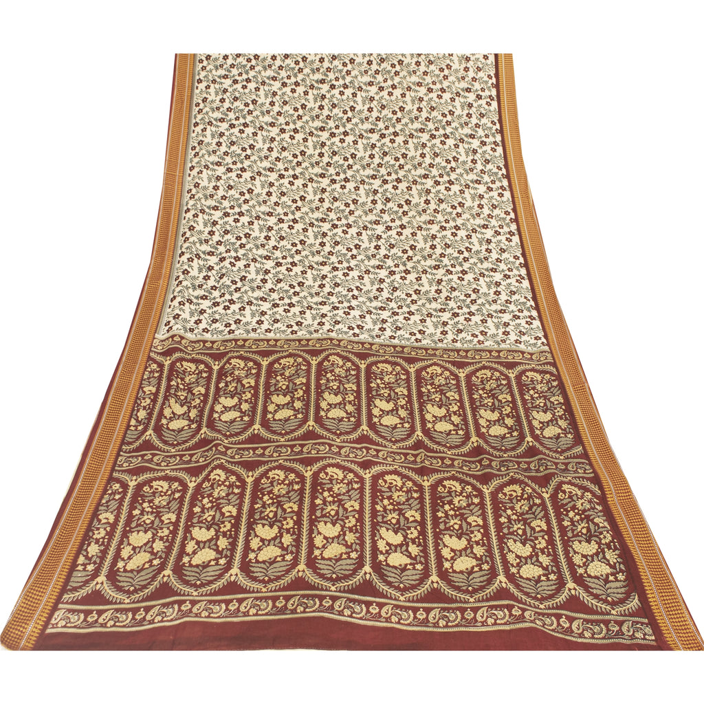 Sanskriti Vintage Sarees Ivory Pure Cotton Floral Printed Sari 5+yd Craft Fabric