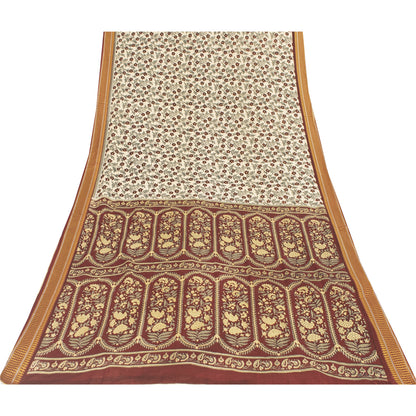 Sanskriti Vintage Sarees Ivory Pure Cotton Floral Printed Sari 5+yd Craft Fabric